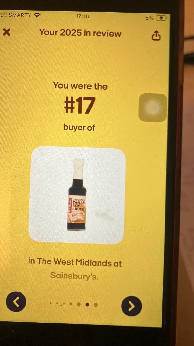 Màn hình tổng kết năm 2025 của Sainsbury’s: “You were the #17 buyer of Yutaka Organic Tamari Soy Sauce in The West Midlands at Sainsbury’s.”